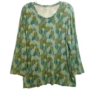 Serengeti Leaf Print Knit Top Womens Large Green Long Sleeve Scoop Neck Casual